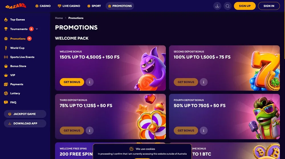 Dazard promotions page: welcome pack of four deposit bonuses, 150% up to 4,500 AUD plus 150 free spins
