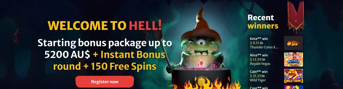 Hellspin welcome banner: starting package up to 5,200 AU$ plus 150 free spins