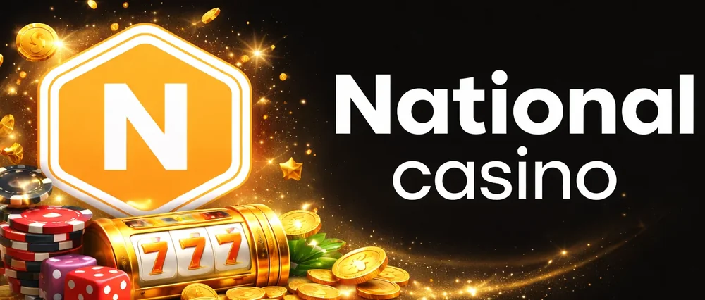 National Casino logo banner with chips, slot reels and gold coins