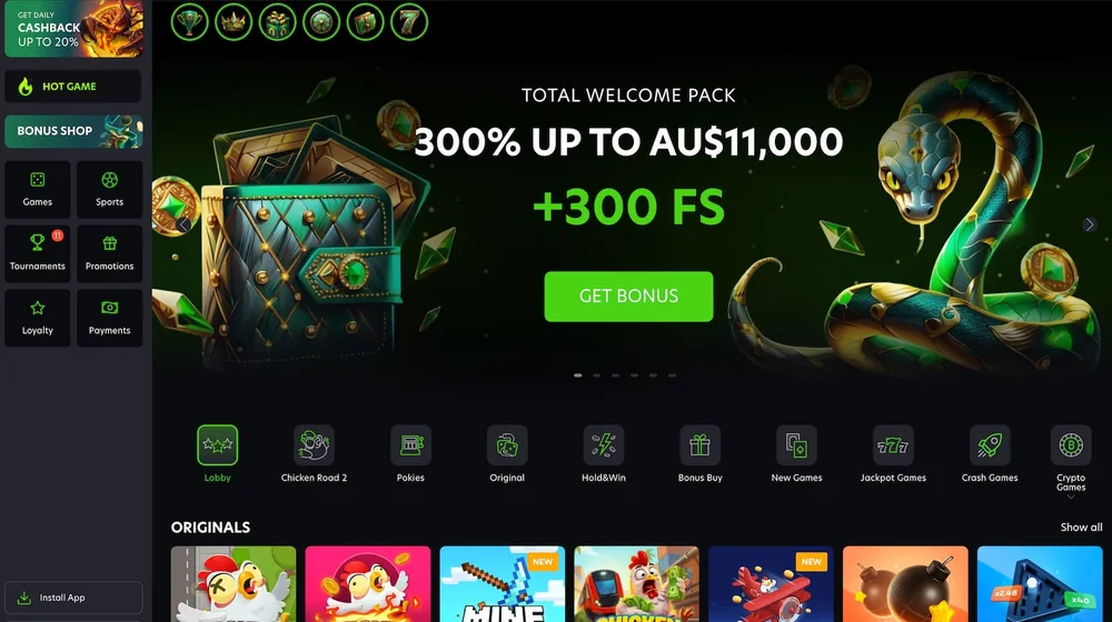 Neospin lobby banner: total welcome pack 300% up to AU$11,000 plus 300 free spins