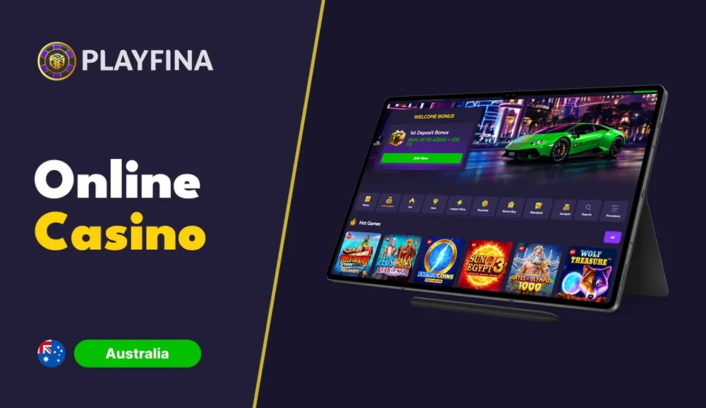 Playfina online casino homepage for Australia on a tablet